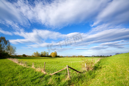 夏天的草原摄影照片_阳光明媚的荷兰农田上的栅栏