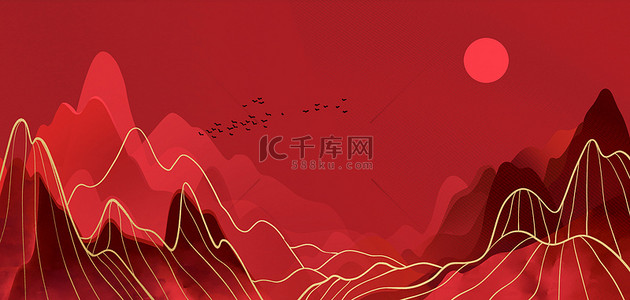 中国风背景图片_红色中国风山水山脉背景