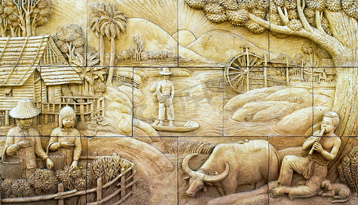 在石墙上的当地文化泰国灰泥，泰国