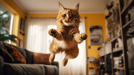 一只猫在客厅里跳起来