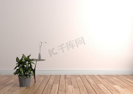 空白墙 backgr 木地板桌上的植物和花瓶