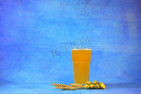 淡蓝色水果摄影照片_蓝色背景中带有泡沫和小麦穗和啤酒花水果的淡啤酒杯。