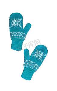 一双蓝色针织手套，上面有圣诞图案