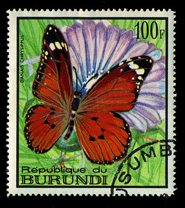 蝴蝶邮票摄影照片_布隆迪-大约 1968 年：布隆迪印制的邮票，展示了蝴蝶 Danaus Chrysippus，系列，大约 1968 年