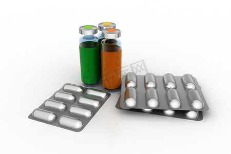注射剂药物摄影照片_注射剂和药丸的药物