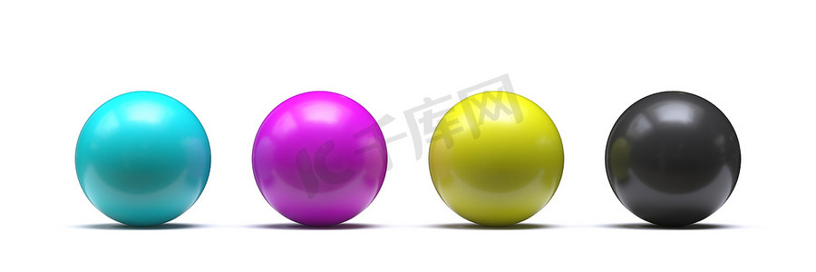 CMYK 颜色的球体 — 青色、洋红色、黄色、黑色 3D