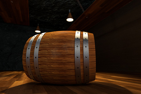 里面有桶的木地窖，老式饮料仓库，3d 渲染。