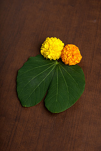 印度节日 Dussehra，在棕色背景上展示金叶（紫荆花）和万寿菊花。