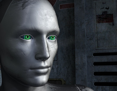 科学眼睛摄影照片_未来派背景下长着绿眼睛的机器人脸