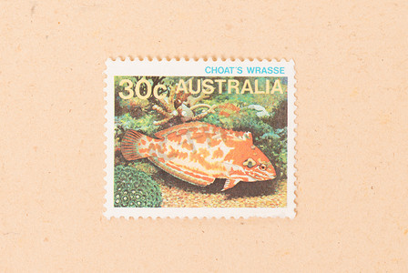 信封的页眉页脚摄影照片_澳大利亚 — 大约 1980 年：在澳大利亚打印的邮票显示了 Cho