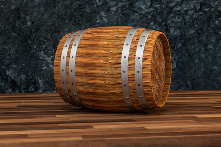 具有深锈背景的木制酒厂桶，3d 渲染