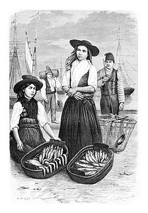 葡萄牙里斯本的女鱼贩，复古雕刻