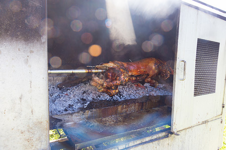 传统的巴尔干菜-在明火上​​烤整只小猪。
