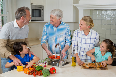 老人在厨房准备食物时与家人互动