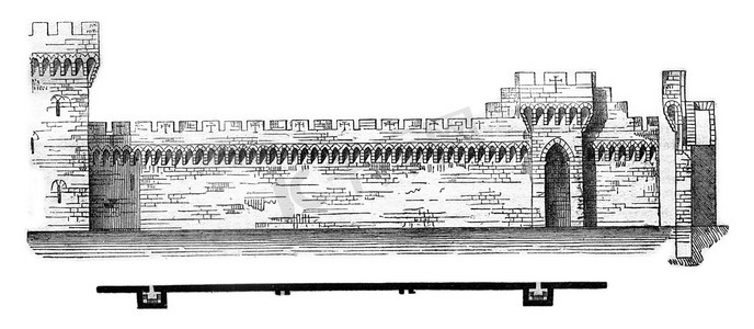 阿维尼翁城墙的计划和剖面，复古雕刻