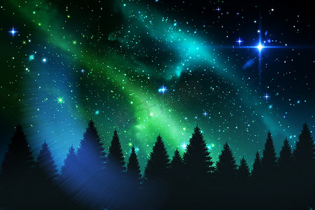 极光在夜晚的森林上空闪烁