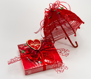 有美丽的植物学伞的红色糖果盒，情人节