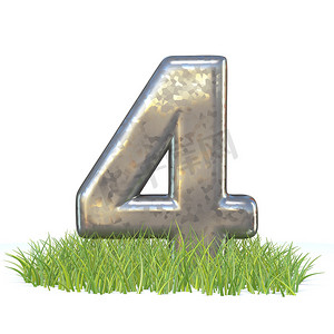 春天的字体摄影照片_镀锌金属字体 Number FOUR 4 in grass 3D