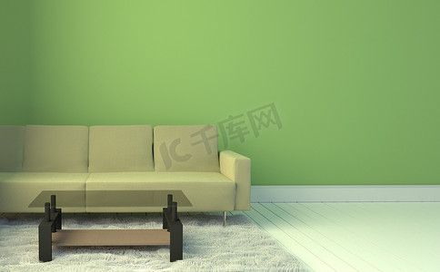 淡绿色蓝色摄影照片_与黄色沙发和地毯的客厅内部，淡蓝色的沃尔玛
