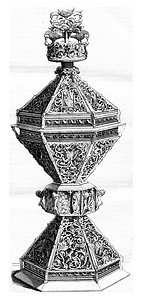复古金边摄影照片_十六世纪，盐瓶镀金和珐琅，复古雕刻