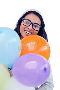 智能工控摄影照片_拿着五颜六色的气球的亚裔妇女