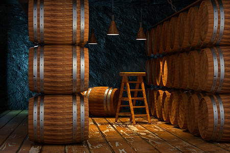 古代水桶摄影照片_里面有桶的木地窖，老式饮料仓库，3d 渲染。