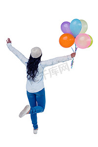 智能工控摄影照片_拿着五颜六色的气球的亚裔妇女