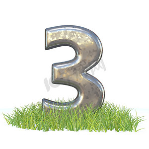 春天的字体摄影照片_镀锌金属字体 Number THREE 3 in grass 3D