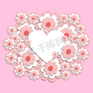 平面设计装饰摄影照片_心脏周围的 3D 粉红色樱花。