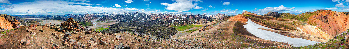 冰岛蓝天五颜六色的彩虹火山 Landmannalaugar 山脉、火山、熔岩场和露营地的 360 度全景景观