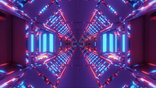 未来派科幻机库隧道与无尽的发光灯 3d 渲染设计背景壁纸