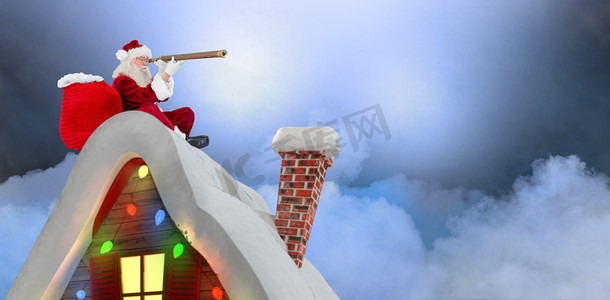 圣诞老人坐在小屋屋顶上的合成图像