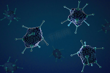 3d 插图，蓝色背景上显微镜 Adoeno 病毒的特写