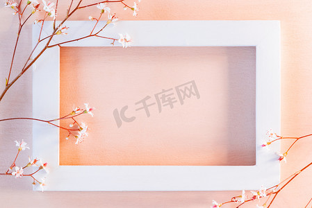 婚礼背景图白色摄影照片_珊瑚纹理背景上的白色木框，上面有小花 — 贺卡或邀请函的模板