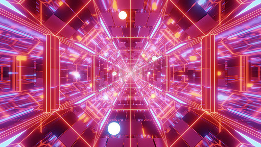 无尽的科幻空间星系玻璃隧道走廊与飞行发光球体粒子 3d 插图壁纸背景