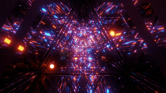 抽象粒子摄影照片_抽象星系反射三角形玻璃隧道设计与飞行 glowiong 球体粒子 3d 插图壁纸背景