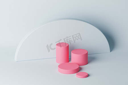 浅蓝色背景上用于产品或广告的粉红色圆柱讲台或基座。 