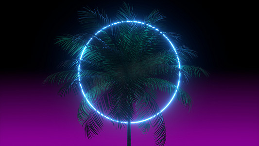 3D 蒸汽波渲染背景与霓虹灯圈、棕榈树和夜紫罗兰色的天空。 