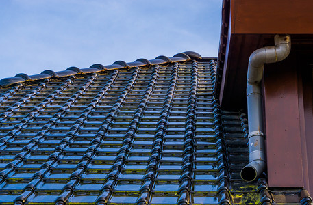 带黑色光滑屋顶瓦片和排水管的屋顶，现代荷兰建筑背景