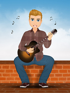 男人在墙上弹吉他