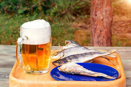 夏日啤酒饮料摄影照片_夏日户外木桌上放着一杯淡啤酒和干鱼 — 照片，图片