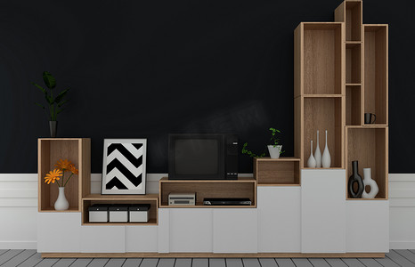 现代空房间的柜子上的电视，木地板上的深黑墙