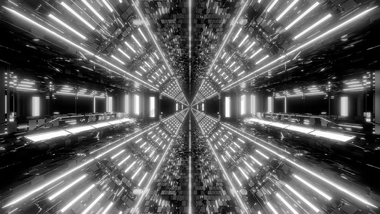 未来派科幻空间机库隧道走廊与无尽的发光灯 3d 插图 3d 渲染壁纸背景
