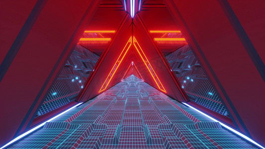 技术科幻太空战舰隧道走廊与发光线框底部玻璃窗 3d 插图壁纸背景图形设计