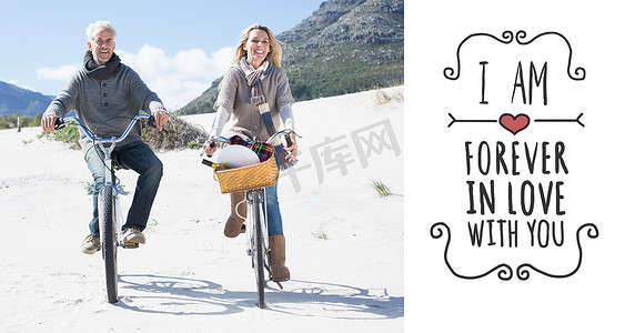 无忧无虑的情侣在沙滩上骑自行车和野餐的合成图像