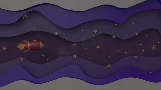 3d 渲染，3d 插画家，卡通红色宇宙飞船通过夜空升入天空