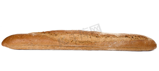 粉丝长方形摄影照片_白色背景中突显的长方形烤面包法式面包，一条黑麦面粉