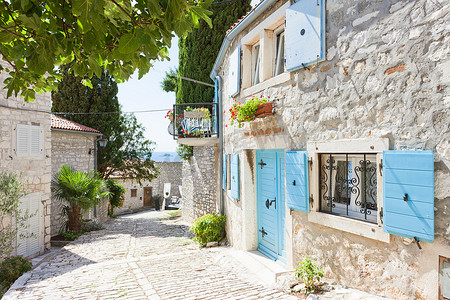 鲜花小巷摄影照片_罗维尼，伊斯特拉，克罗地亚 - 中世纪风景如画的小巷