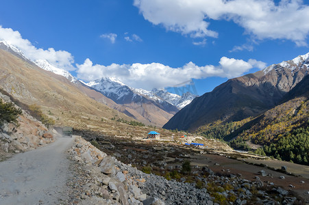 美丽的大喜马拉雅山谷雪线高耸，陡峭的山峰参差不齐，高山冰川，河谷侵蚀和山体滑坡地形，地质环境植物群，动物群，气候。