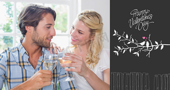 合成类ppt模板摄影照片_可爱的微笑夫妇一起享用白葡萄酒的合成图像